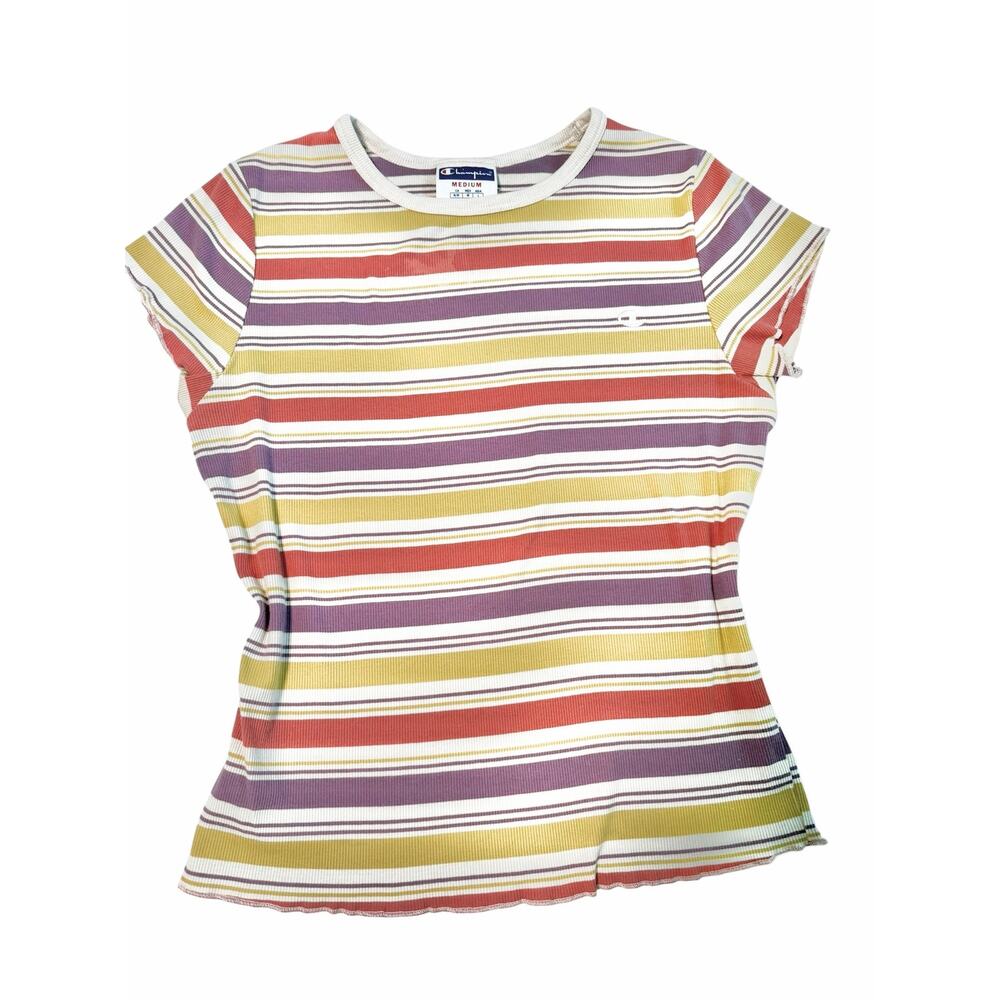 Champion Purple Yellow Ribbed Striped Shirt Cap Sleeve Y2K T Shirt Medium